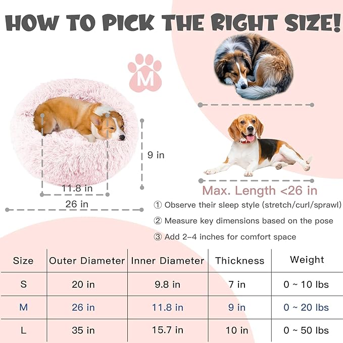 Himax Dog Beds for Medium Dogs, Pink Dog Bed with Blanket Attached, Calming Anti-Anxiety Fluffy Dogs Beds Washable (20"/26"/35")