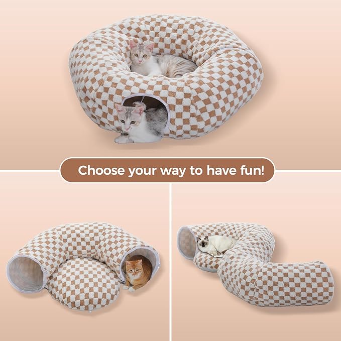 PEQULTI Cat Tunnel with Cat Bed for Indoor Cats, Cat Play Donut Tunnel with Washable Soft Plush Mat, Round Tunnel Toys Cute Tube for Kittens, Puppies, Rabbits and Ferrets, Brown