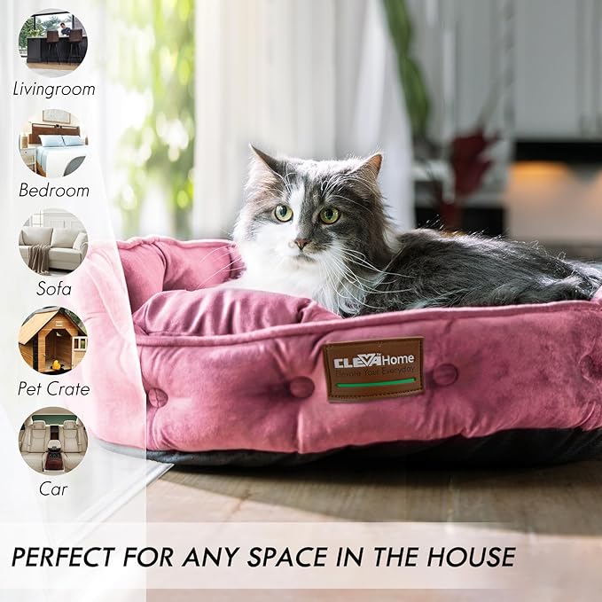 ClevaHome Cat Dog Bed for Small Pets up to 15lbs - Round Cat Beds for Indoor Cats, Machine Washable Comfortable Pet Bed for Puppy and Kitten with Non-Slip Bottom (Plum Pink)