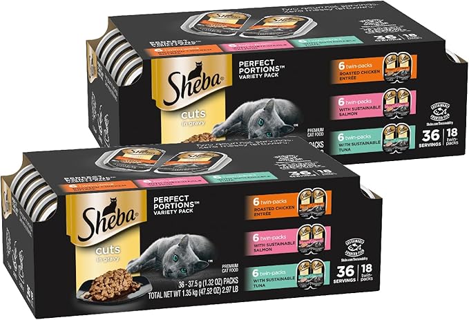 Sheba Perfect Portions Wet Cat Food Cuts in Gravy Variety Pack, Roasted Chicken Entree, with Sustainable Salmon, 2.6 oz. Twin-Pack Trays (18 Count, 36 Servings) (Pack of 2)