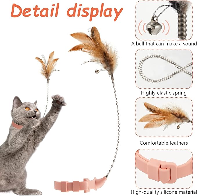 Sumind 6 Pcs Cat Collar Toy Attached with Feather Funny Interactive Cat Stick Wand Toys with Bell Adjustable Fun Kitten Teaser for Indoor Kittens and Small Animals Exercise Training