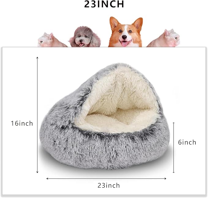 ShinHye Cozy Cat Bed - Round Plush Fluffy Hooded Cave, Indoor/Outdoor, Waterproof & Washable, Calming Anti-Anxiety Design - 23x23 Inch, Grey