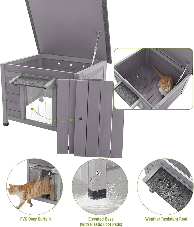 Outdoor Cat House Weatherproof, Feral Cat Shelter with Asphalt Openable Roof, PVC Curtain & Elevated Base for Rain Resistance and Easy Cleaning