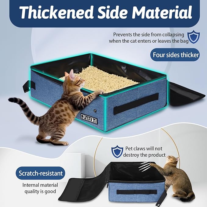 Petskd Portable Cat Travel Litter Box with Lid and 10 pcs Disposable Liner Bags, Leak-Proof and Collapsible, Cat Travel Essentials for Car, Hotel, Airplane and Other Outdoor Use(Blue)