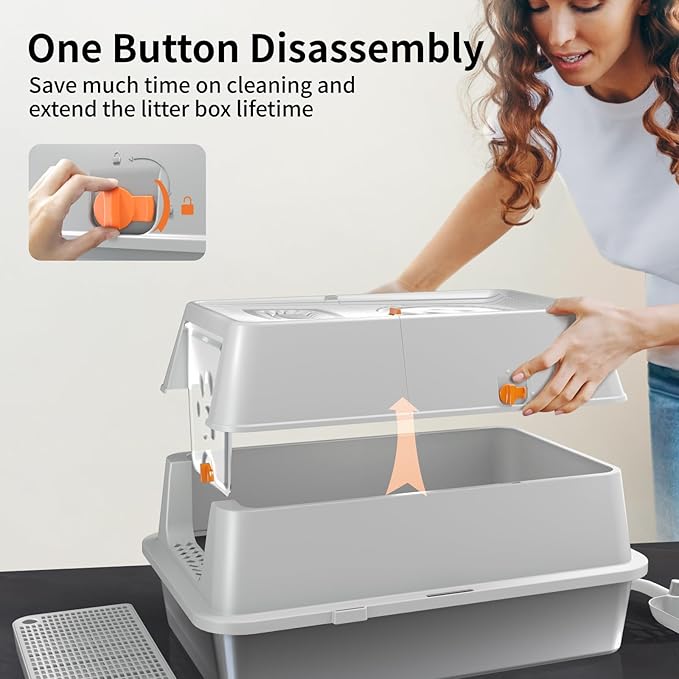 Stainless Steel Cat Litter Box with Lid, 180° Flip-Top XL Extra Large Enclosed Litter Box, Covered Metal High Sided Litter Pan with Steps & Scoop, Easy Cleaning, Odor Control, Non-Sticky-Grey