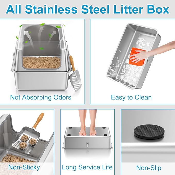 12'' High Sides XL All Stainless Steel Cat Litter Box with Lid,Deep Metal Litter Box for Big Cats,Extra Large Litter Boxes with High Wall Enclosure,Anti-Leakage,Never Absorbs Odors,Non-Sticky Surface