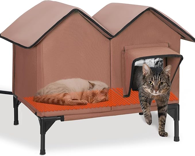 Heated Cat House for Outside, Large Elevated Waterproof Outdoor Cat House Weatherproof with Escape Doors and Heating Pad for Winter, Sturdy Insulated Outdoor Cat Shelter for Multiple Cats, Brown