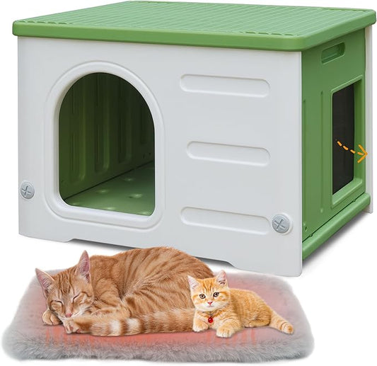 Waterproof Cat House for Outdoor Cats, Plastic Feral Cat House with Escape Door and Soft Mat, Large Indoor Cat House for Mutiple Cats - Green