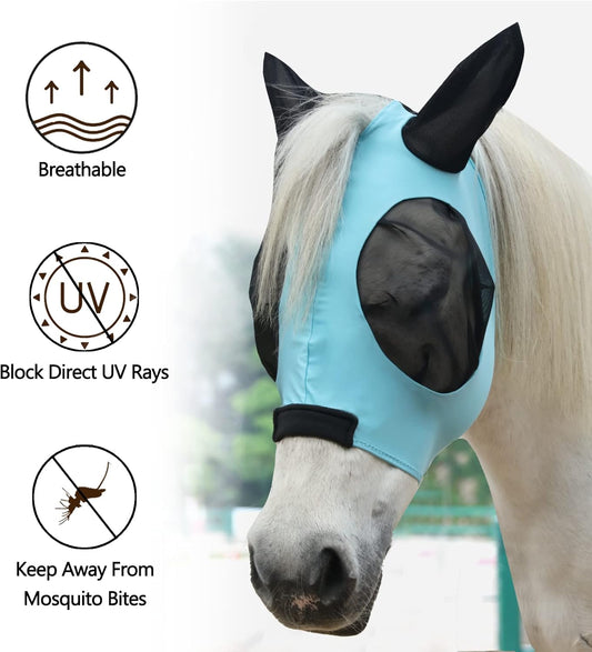 Horse Fly Mask with Ears - Large Eye Space for Full Vision, Breathable Stretch Comfort Fit, UV Protection, Forelock Opening, Easy Pull-On Paleblue Cob