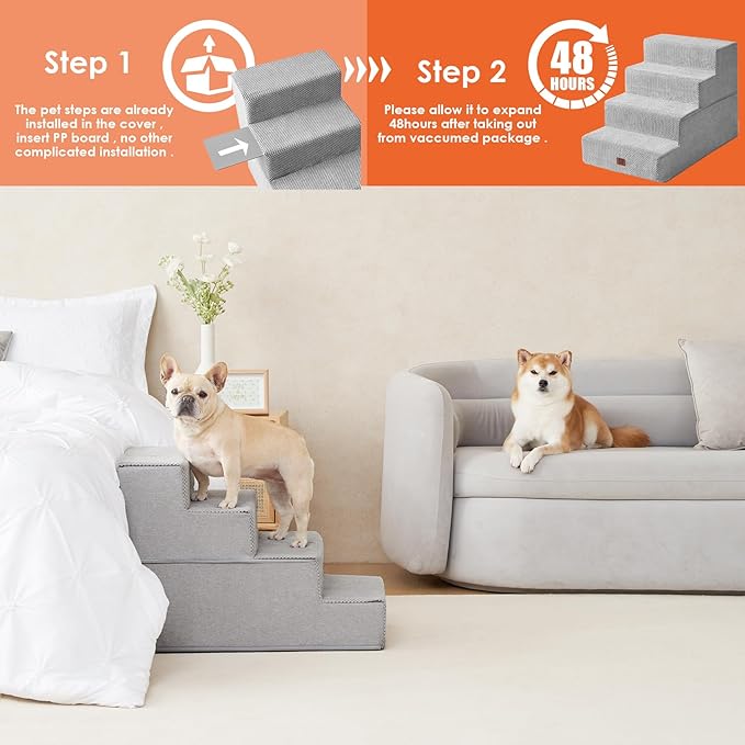 EHEYCIGA Dog Stairs for Bed 20" H, 4-Step Extra Wide Dog Steps for High Bed, Pet Steps for Small Dogs and Cats, Non-Slip Balanced Pet Ramp Indoor, Light Grey
