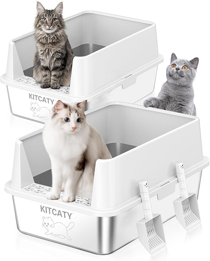2PACK Stainless Steel Litter Box, Metal Litter Boxes with Lid High Sides, XL Extra Large Litter Box for Big Cats, Never Absorbs Odors, Leak-Proof, Stain-Free, Easy to Clean, Scoop Included（White）