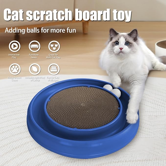 Interactive Cat Scratcher with Two Rotating Balls,Durable Scratch Pad for Indoor Play,Cardboard Cat Scratcher Pad with Cat Toy Ball Track and Catnip,2-in-1 Cat Toy (Blue)