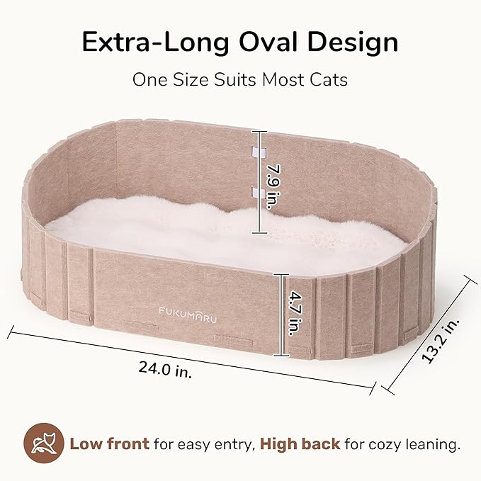 FUKUMARU Cat Beds for Indoor Cats, 24 Inch Large Cat Couch Bed with Cozy Faux Rabbit Fur Cushion, Felt Cats House Sofa in Oval Shape, Grey