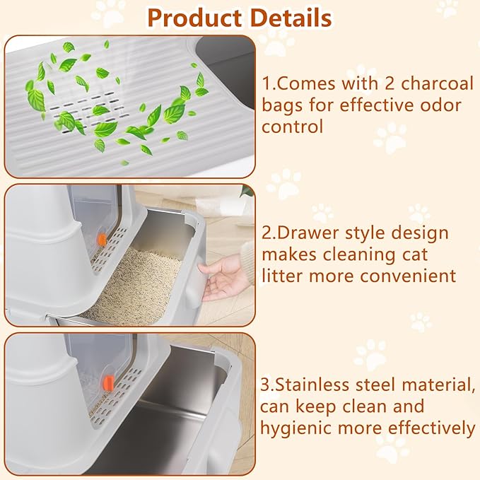 ELEGX Odor-Control Extra Large 24" L×16" W Drawer Design Stainless Steel Cat Litter Box,XL Large 4-in-1 Cat Metal Litter Box Set,Extremely Easy to Clean,Enclosed Removable with High Sided Enclosure