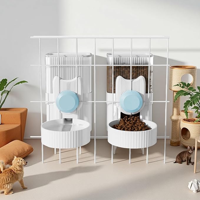 Gravity pet Food Automatic Dispenser: Small pet Feeding cage Feeder Tray - 1L Automatic pet Feeder and Sink kit, Suitable for Cats, Puppies, Rabbits, Ferrets (Blue)