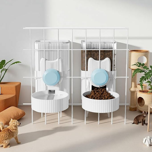 Gravity pet Food Automatic Dispenser: Small pet Feeding cage Feeder Tray - 1L Automatic pet Feeder and Sink kit, Suitable for Cats, Puppies, Rabbits, Ferrets (Blue)