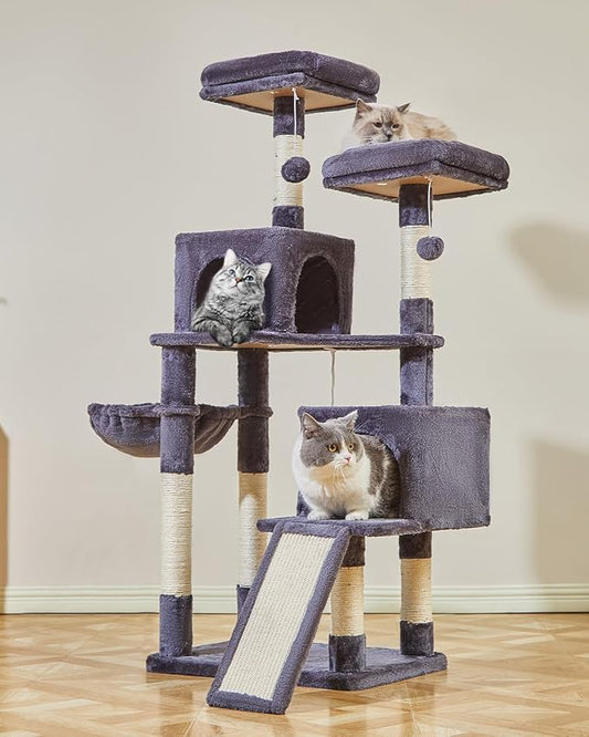 Taoqimiao 56.3-Inch Cat Tree, Cat Tower with Scratching Posts, Cat Tree House for Indoor Cats with hammocks, Toys, Condo and Large Scratch Board, Smoky Gray MS012G