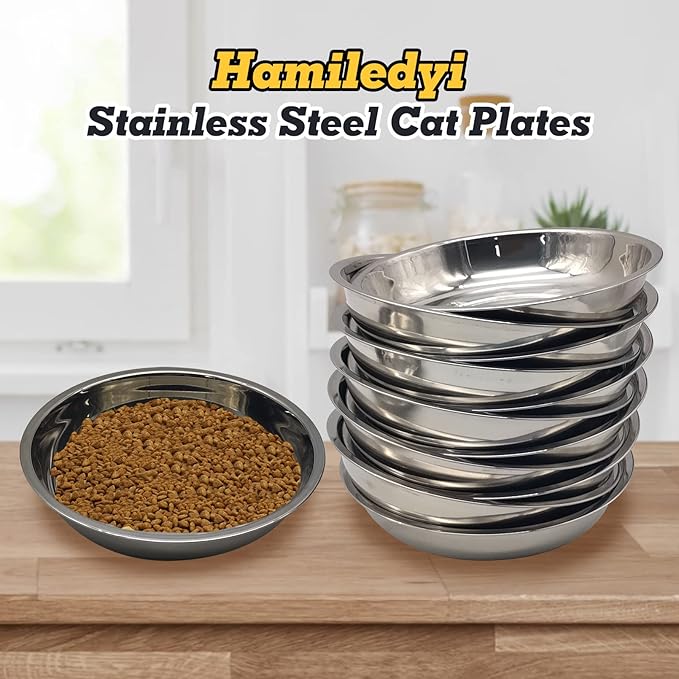 Hamiledyi 12 Pcs Stainless Steel Cat Bowls Replacement Whisker Fatigue Relief Cat Plates Pet Water Dish Shallow Kitten Bowls Pet Bowls for Dogs Cats and Other Small Animals (7.68 Inch Diameter)