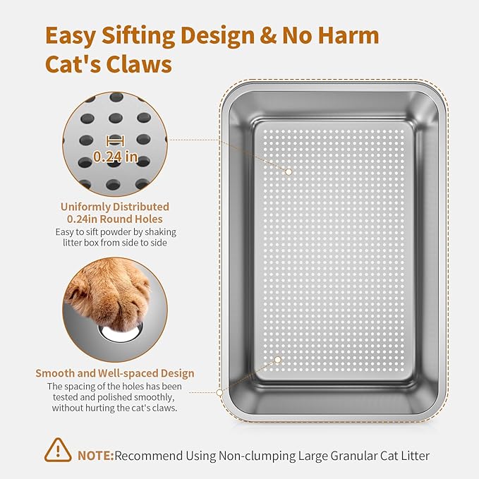 Stainless Steel Sifting Litter Box, Fully Enclosed Sifting Cat Litter Box with Lid, 23.6"L x 15.7"W x 19.44"H Multi-Purpose Stainless Steel Litter Box Enclosure, Anti-Leakage, Easy Clean for Big Cats