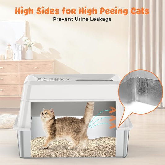 URPOWER Stainless Steel Cat Litter Box with Lid Extra Large Enclosed Litter Box for Cats Non-Sticky Metal Pan with High Sided Enclosure & Scoop, Front & Top Entry, Anti-Leakage, Easy Cleaning