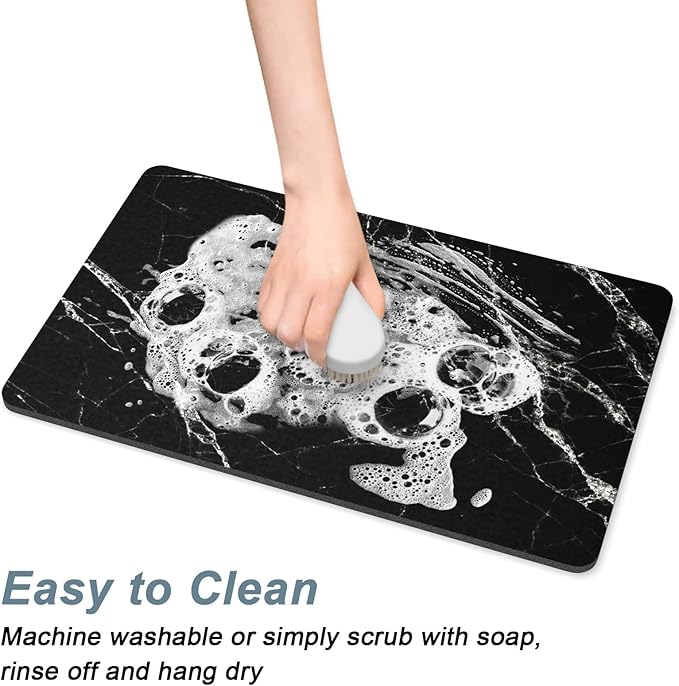 Rnivvi Dog Food Mat, 12" x 19" Marble Absorbent Dog Cat Bowl Mat for Food and Water, Cute Anti-Slip Rubber Pet Feeding Rug Protect Floors, Puppy Placemat for Feeding & Watering Supplies, Black