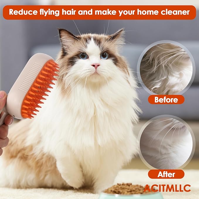 Cat Steam Brush for Shedding & Deshedding - 4-in-1 USB Rechargeable Pet Hair Removal Comb with Water Tank, for Indoor Long/Short Haired Cats & Dogs, Grooming Massage & Cleaning (Khaki)