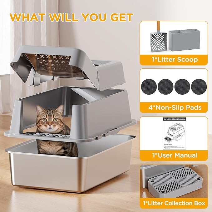 Stainless Steel Litter Box with Lid, XL Closed Metal Litter Box Modular Design with Flip Lid Fits All Cats, Extra Large Covered High Sided Cat Box, Scoop, Non-Sticky, Easy Cleaning, Grey