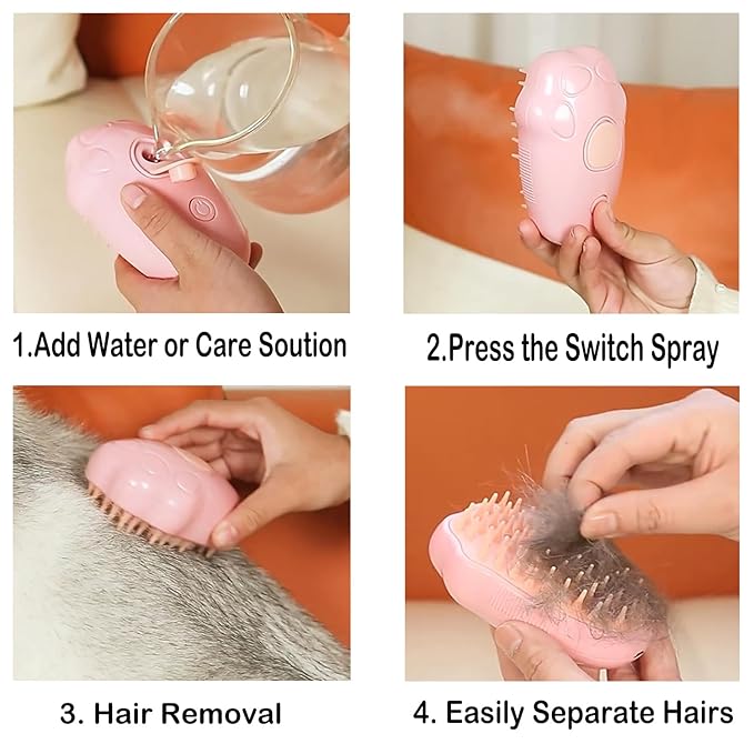 Steam Brush for Cats, Spray Comb Mist Brush, Rechargeable Steam Pet Brush for Dogs and Cats, Self-Cleaning 3-in-1 Cat Hair Brush with Steam for Long and Short Hair for Cats and Dogs (pink)