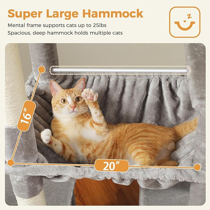 71 Inch Tall Cat Tree for Indoor Cats Large Adult, Multi-Level Cat Tower with Extra Large Hammock, 2 Cat Caves, Spacious Top Perch, Scratching Pad, Light Grey