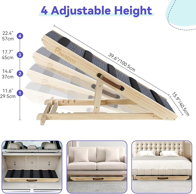 Large Dog Ramp for Bed Couch, Extra Wide Portable Wooden Pet Ramp, 4 Adjustable Height from 11.6'' to 22.4'', Pet Step for Small Medium Dog Cat with Non-Slip Mat, Up to 143lbs, Use for Car Couch Bed