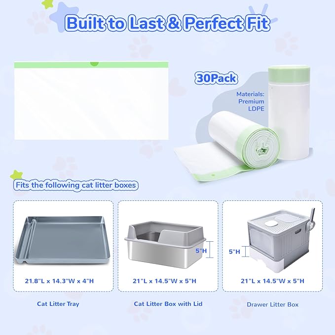 Litter Box Liners Compatible with Pet Scoop free Self-Cleaning Box 30 Count Drawstring Cat Litter Waste Bags for Reusable Tray - Disposable Tray Refills, Tear-resistant - Leak-proof Cat Poop Bags