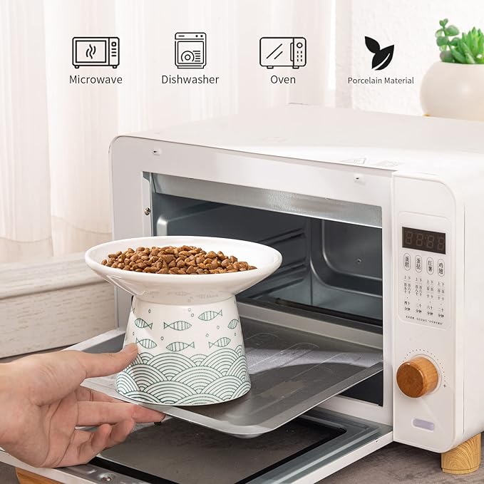 OMAYKEY 6.25 Inch Extra Wide Ceramic Raised Cat Bowls, Elevated Cat Bowls for Food & Water, Wide Shallow Cat Food Dish, Whisker Fatigue, Stress Free, Protect Spine, Black & Green Fish