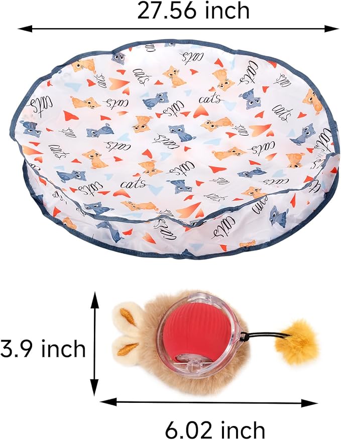 2 in 1 Simulated Hunting Interactive Cat Toy,Self Rolling Ball in Pouch Rechargeable Hide and Seek Toys for Indoor Cats,Red Fast Rolling Ball in Mat,Cat Chasing Mouse Game