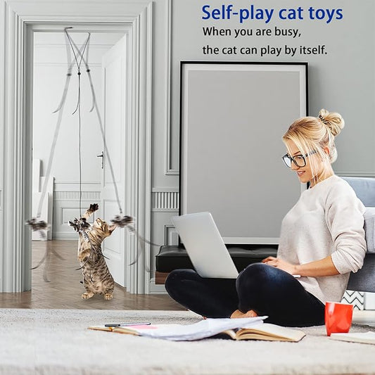 Cat Toys Indoor Hanging Door Retractable Flying Da Bird Cat Toy for Kitten Fun Exercise Interactive String Feather Hunting Chase (Longtail Warbler)