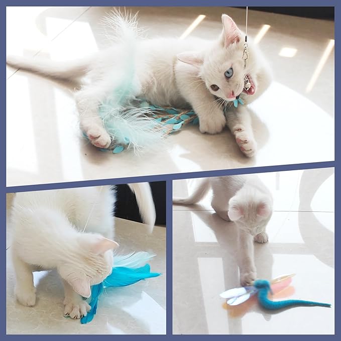 SONGWAY Cat Wand Toys for Indoor Cats - Cat Toy Set with Retractable Teaser Wand and 6 PCS Fairy Feather Toy Refills, Dragonfly Tassel Plush Cat Toys Interactive, Blue