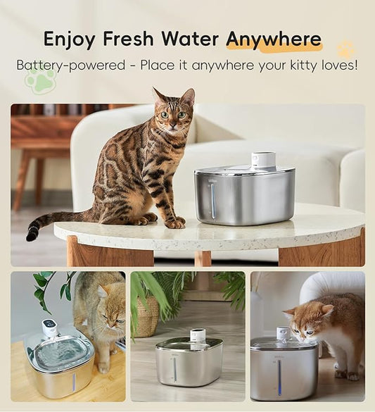 Cat Water Fountain Stainless Steel, 138fl.oz / 4.1L Wireless Cat Fountain, Pet Water Fountain Cordless for Cats & Dogs Indoor