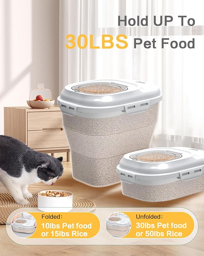ANVS Dog Food Storage Container - Collapsible Dog Food Container with Airtight Lids, Scoop and 2.5L Small Pet Food Storage Container Dry Food For Dog, Cat and Other Pet Food (Transparent, 30 lbs)