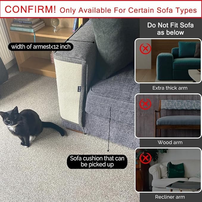 NATUYA Cat Scratch Couch Protector, Sisal Furniture Protector Cat Scratching Pad, Anti-Cats Scratch Sofa Armrest Couch Protective Shield with Pocket (Dark Gray, Fit Left or Right)