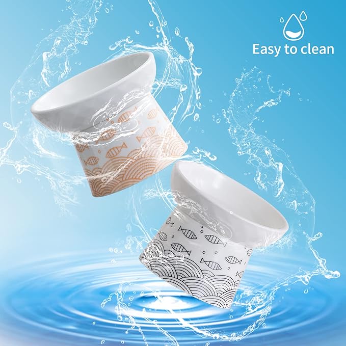 OMAYKEY Ceramic Raised Cat Bowls, Elevated Tilted Cat Food and Water Bowls Set, Porcelain Stress Free Pet Feeder Dish for Kitty Cats and Small Dogs, Dishwasher and Microwave Safe, Set of 2