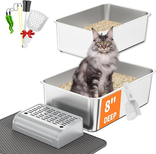 Stainless Steel Litter Box Set- [6-in-1] Extra Large Cat Litter Box with Pedal, Mat, Scoop, Brush, Wands, Non-Sticky Metal Litter Box for Cat, Kitt, Odorless, Easy Clean (23.6"x15.7"x8", 2 Pack)