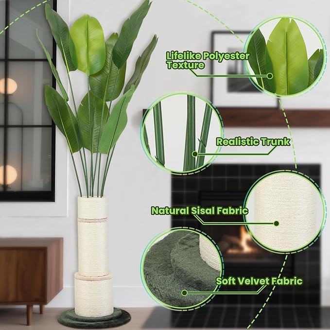 EMUST Cat Scratching Post, 5.86FT Cat Tower with Tall Scratching Posts for Indoor Cats Adults with Nature Sisal Rope-Bird of Paradise Artificial Plants Indoor with 9 Trunks, 70" Faux Tree for Decor