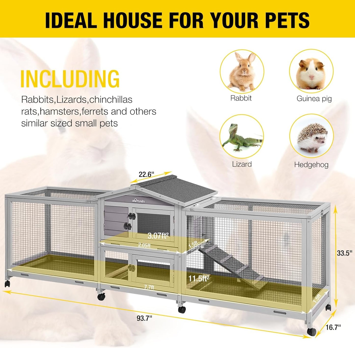 Aivituvin Rabbit Hutch Large 2-Story Bunny Cage Indoor Outdoor on Wheels Bunny House with Run,Pull-Out Tray