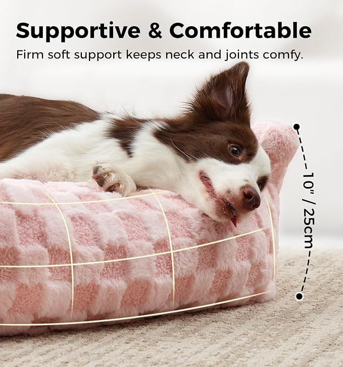 Made4Pets Cat and Dog Couch Bed, Soft Faux Fur Checkered Pet Sofa, Cozy Fluffy Pet Sofa with Supportive Foam, Removable Washable Cover with Non-Slip Base, Pink, Medium