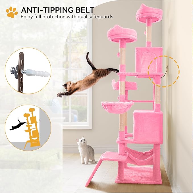 YITAHOME Tall Cat Tree for Indoor Cats, 75 inch Multi-Level Cat Tower with Cat Condos, Top Perches, Sisal Ramp Scratching Posts, Cozy Basket, Hammocks, Large Cat Pet Activity Structure,Pink