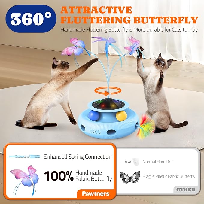 Interactive Cat Toy: 3 in 1 Automatic Cat Toy for Indoor Cats, Electric Kitten Toy with Rechargeable Battery, Self Play Kitty Toys with Rotating Fluttering Butterfly,Track Ball and Ambush Feather,Blue