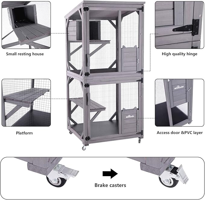 Aivituvin Cat Catio Kitty House Outdoor and Indoor Run Large Wooden Cat Enclosure on Wheels 70.9" Upgraded Version Kennel Cage with Reinforcement Wooden Strip,2 Sets Include