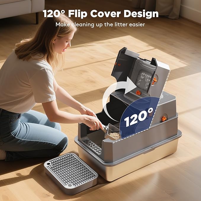 FURTIME Stainless Steel Litter Box with Lid, XL Extra Large Enclosed Cat Litter Box for Big Cats, Metal Cat Box with High Sided Enclosure & Scoop, Front & Top Entry, Odor Free, Anti-Leakage, Grey