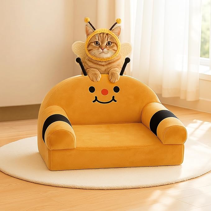 Cute Cat Couch with Soft Pillow, Supportive Dog Couch, Cat Sofa with Removable Cover，Cute Bee Shaped, 24 Inch
