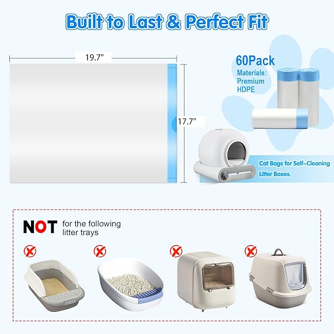 60 Count Self Cleaning Cat Litter Box Liners Bag Compatible with MeoWant MW-SC01,MW-SC02, Drawstring Heavy Duty Kitty Litter Receptacles Bags Fit For Automatic Cat Litter Box-17.7" x 19.7"