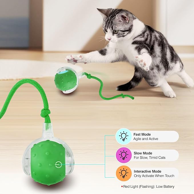 Electric Interactive Cat Toy Ball - Automatic Rolling Silicone Cat Toys for Indoor Cats, Durable Chew-Proof Motorized Kitty Ball with LED Light, Fun Exercise Toys for Bored Kittens（Green）